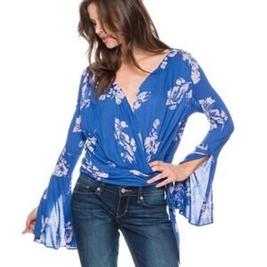 Free People Fiona Wrap Bell Sleeve Blouse V-neck Floral Blue Small Fairy Boho